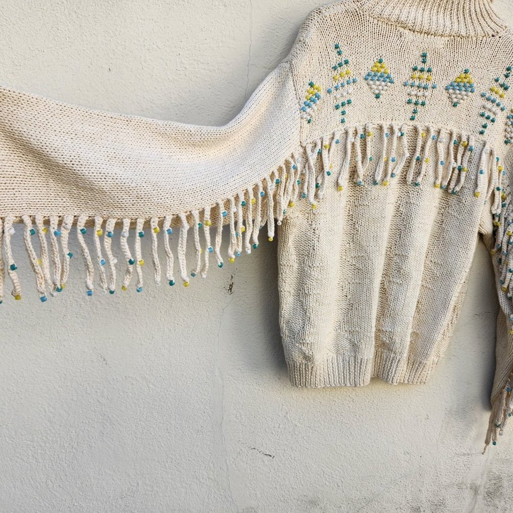 Vintage Hand Knit Fringe Beaded Southwestern Cardigan Sweater - Picture 6 of 8